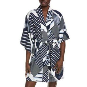 Natori Shima Wrap Navy and White Geometric Pattern Kimono Robe SZ M - NWT